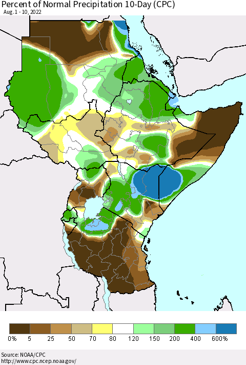 Eastern Africa Percent of Normal Precipitation 10-Day (CPC) Thematic Map For 8/1/2022 - 8/10/2022