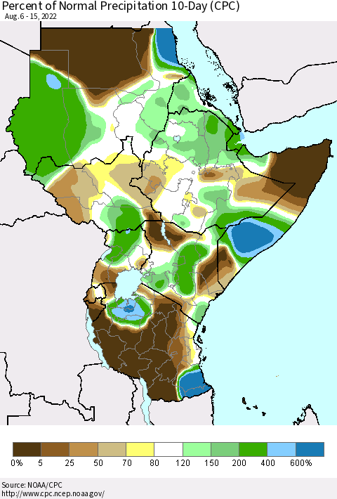 Eastern Africa Percent of Normal Precipitation 10-Day (CPC) Thematic Map For 8/6/2022 - 8/15/2022