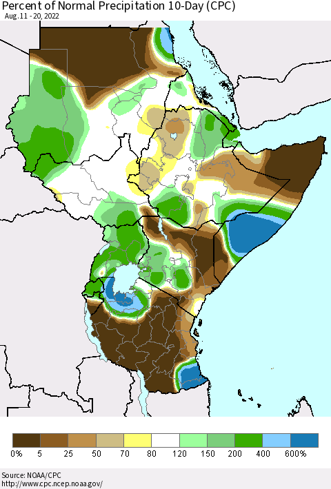 Eastern Africa Percent of Normal Precipitation 10-Day (CPC) Thematic Map For 8/11/2022 - 8/20/2022
