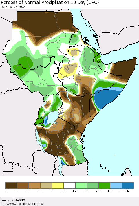 Eastern Africa Percent of Normal Precipitation 10-Day (CPC) Thematic Map For 8/16/2022 - 8/25/2022