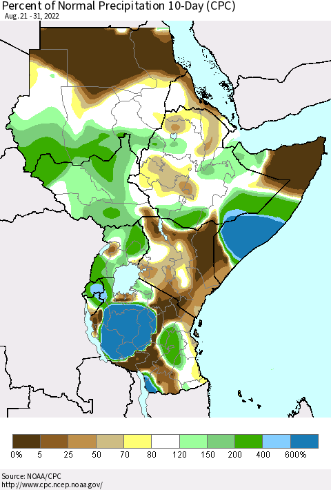 Eastern Africa Percent of Normal Precipitation 10-Day (CPC) Thematic Map For 8/21/2022 - 8/31/2022