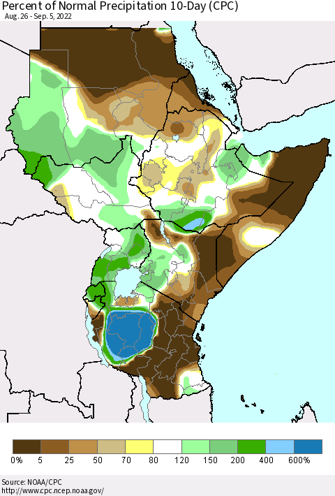 Eastern Africa Percent of Normal Precipitation 10-Day (CPC) Thematic Map For 8/26/2022 - 9/5/2022