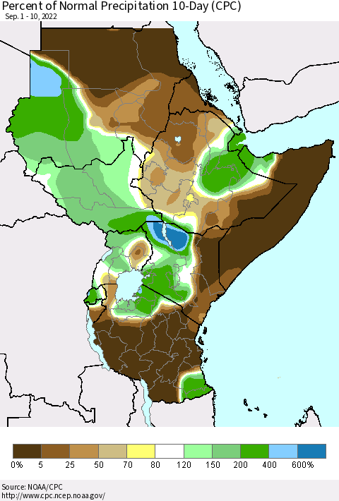 Eastern Africa Percent of Normal Precipitation 10-Day (CPC) Thematic Map For 9/1/2022 - 9/10/2022
