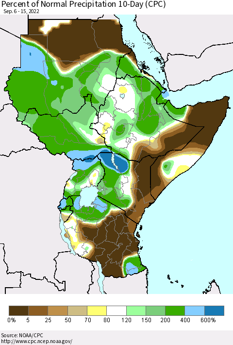 Eastern Africa Percent of Normal Precipitation 10-Day (CPC) Thematic Map For 9/6/2022 - 9/15/2022