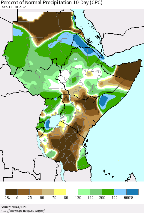 Eastern Africa Percent of Normal Precipitation 10-Day (CPC) Thematic Map For 9/11/2022 - 9/20/2022