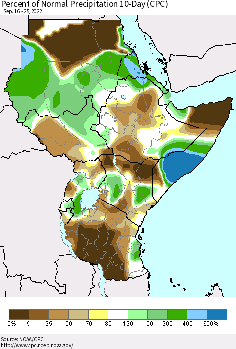 Eastern Africa Percent of Normal Precipitation 10-Day (CPC) Thematic Map For 9/16/2022 - 9/25/2022