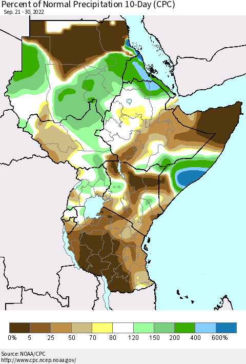 Eastern Africa Percent of Normal Precipitation 10-Day (CPC) Thematic Map For 9/21/2022 - 9/30/2022