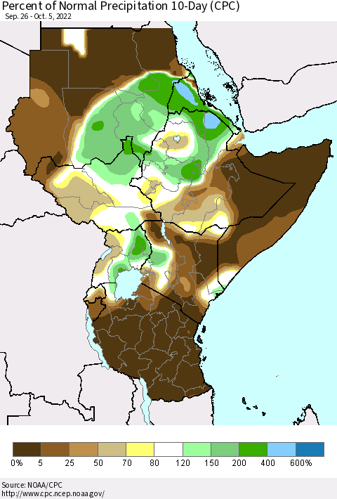 Eastern Africa Percent of Normal Precipitation 10-Day (CPC) Thematic Map For 9/26/2022 - 10/5/2022