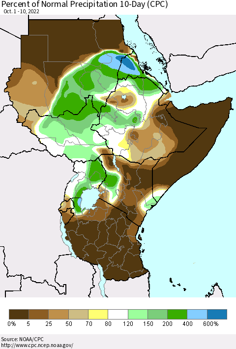 Eastern Africa Percent of Normal Precipitation 10-Day (CPC) Thematic Map For 10/1/2022 - 10/10/2022
