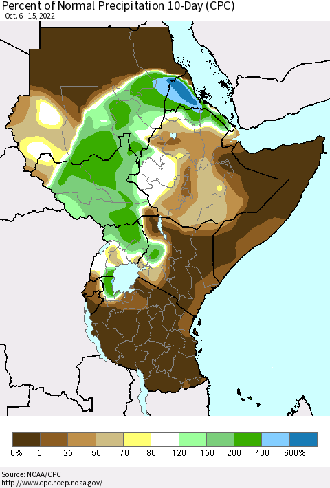 Eastern Africa Percent of Normal Precipitation 10-Day (CPC) Thematic Map For 10/6/2022 - 10/15/2022