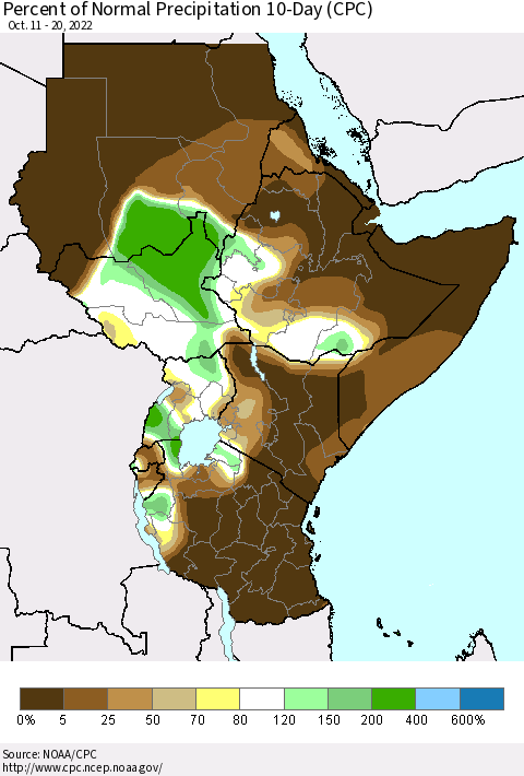 Eastern Africa Percent of Normal Precipitation 10-Day (CPC) Thematic Map For 10/11/2022 - 10/20/2022