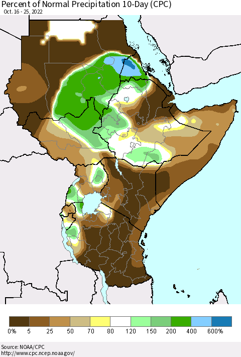 Eastern Africa Percent of Normal Precipitation 10-Day (CPC) Thematic Map For 10/16/2022 - 10/25/2022