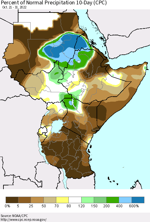 Eastern Africa Percent of Normal Precipitation 10-Day (CPC) Thematic Map For 10/21/2022 - 10/31/2022