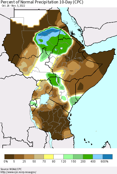 Eastern Africa Percent of Normal Precipitation 10-Day (CPC) Thematic Map For 10/26/2022 - 11/5/2022