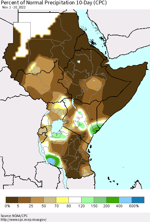 Eastern Africa Percent of Normal Precipitation 10-Day (CPC) Thematic Map For 11/1/2022 - 11/10/2022