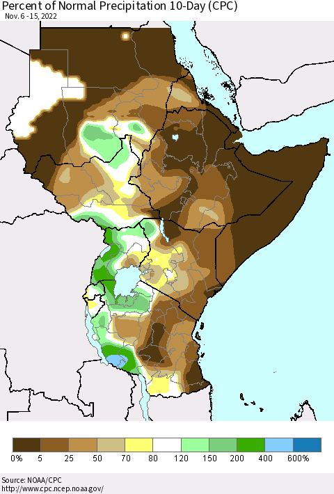 Eastern Africa Percent of Normal Precipitation 10-Day (CPC) Thematic Map For 11/6/2022 - 11/15/2022