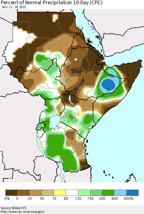 Eastern Africa Percent of Normal Precipitation 10-Day (CPC) Thematic Map For 11/11/2022 - 11/20/2022