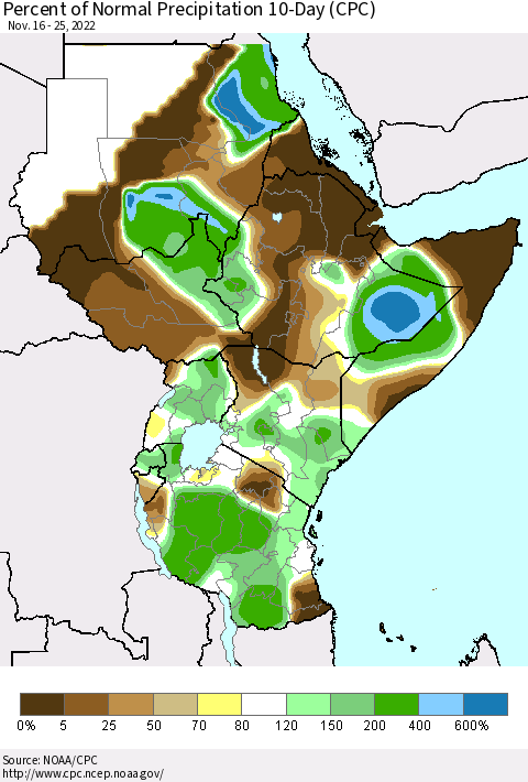 Eastern Africa Percent of Normal Precipitation 10-Day (CPC) Thematic Map For 11/16/2022 - 11/25/2022