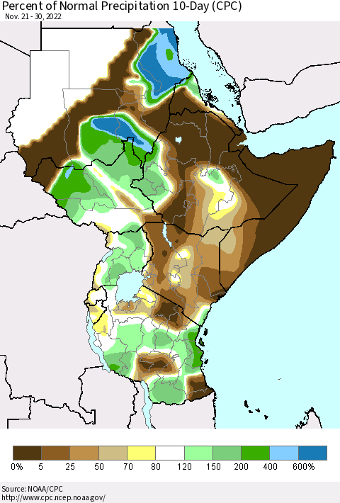 Eastern Africa Percent of Normal Precipitation 10-Day (CPC) Thematic Map For 11/21/2022 - 11/30/2022