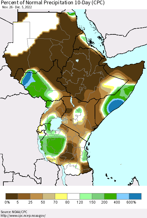 Eastern Africa Percent of Normal Precipitation 10-Day (CPC) Thematic Map For 11/26/2022 - 12/5/2022