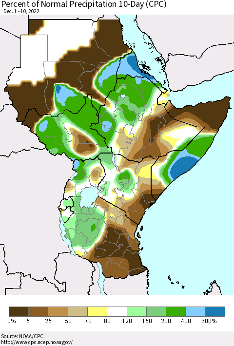 Eastern Africa Percent of Normal Precipitation 10-Day (CPC) Thematic Map For 12/1/2022 - 12/10/2022