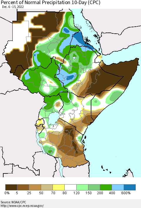 Eastern Africa Percent of Normal Precipitation 10-Day (CPC) Thematic Map For 12/6/2022 - 12/15/2022