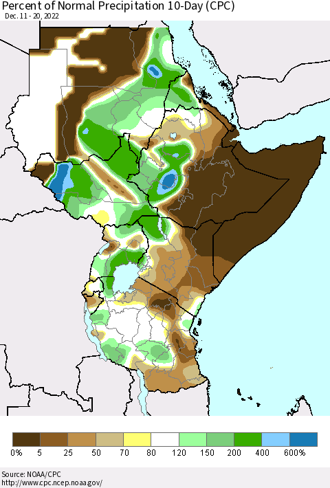 Eastern Africa Percent of Normal Precipitation 10-Day (CPC) Thematic Map For 12/11/2022 - 12/20/2022