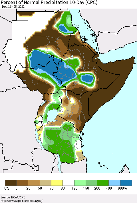 Eastern Africa Percent of Normal Precipitation 10-Day (CPC) Thematic Map For 12/16/2022 - 12/25/2022