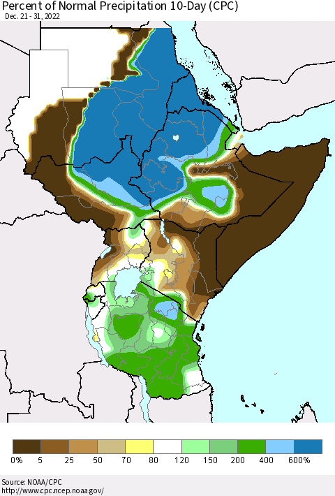 Eastern Africa Percent of Normal Precipitation 10-Day (CPC) Thematic Map For 12/21/2022 - 12/31/2022