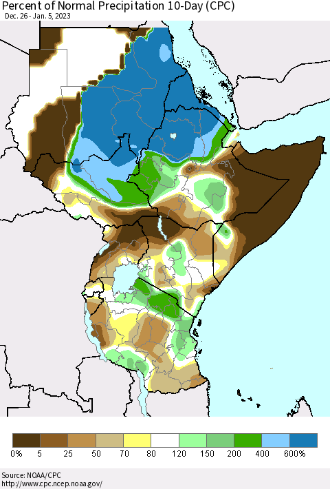 Eastern Africa Percent of Normal Precipitation 10-Day (CPC) Thematic Map For 12/26/2022 - 1/5/2023