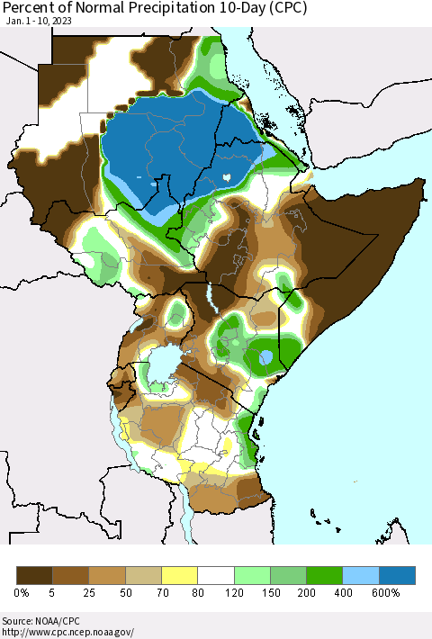 Eastern Africa Percent of Normal Precipitation 10-Day (CPC) Thematic Map For 1/1/2023 - 1/10/2023