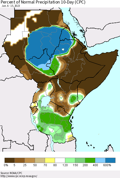 Eastern Africa Percent of Normal Precipitation 10-Day (CPC) Thematic Map For 1/6/2023 - 1/15/2023