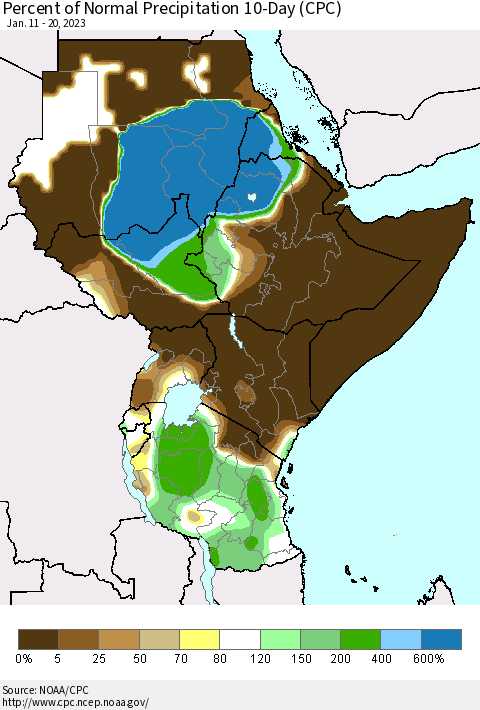 Eastern Africa Percent of Normal Precipitation 10-Day (CPC) Thematic Map For 1/11/2023 - 1/20/2023