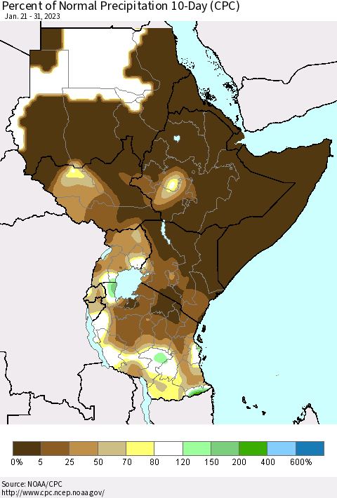 Eastern Africa Percent of Normal Precipitation 10-Day (CPC) Thematic Map For 1/21/2023 - 1/31/2023