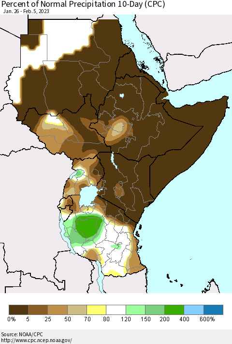 Eastern Africa Percent of Normal Precipitation 10-Day (CPC) Thematic Map For 1/26/2023 - 2/5/2023