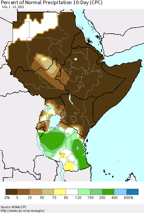 Eastern Africa Percent of Normal Precipitation 10-Day (CPC) Thematic Map For 2/1/2023 - 2/10/2023