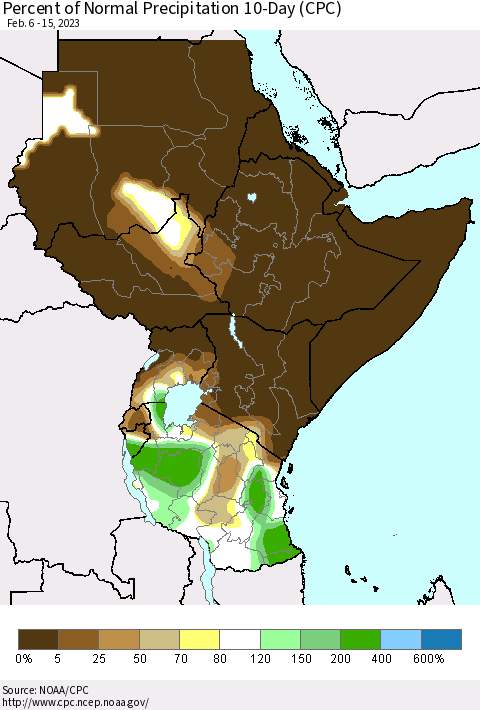 Eastern Africa Percent of Normal Precipitation 10-Day (CPC) Thematic Map For 2/6/2023 - 2/15/2023