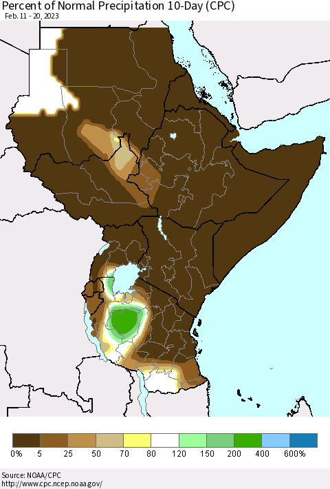 Eastern Africa Percent of Normal Precipitation 10-Day (CPC) Thematic Map For 2/11/2023 - 2/20/2023