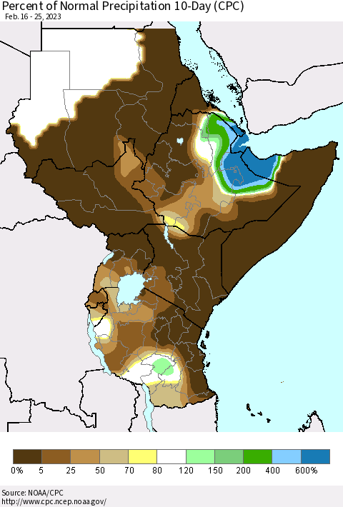 Eastern Africa Percent of Normal Precipitation 10-Day (CPC) Thematic Map For 2/16/2023 - 2/25/2023