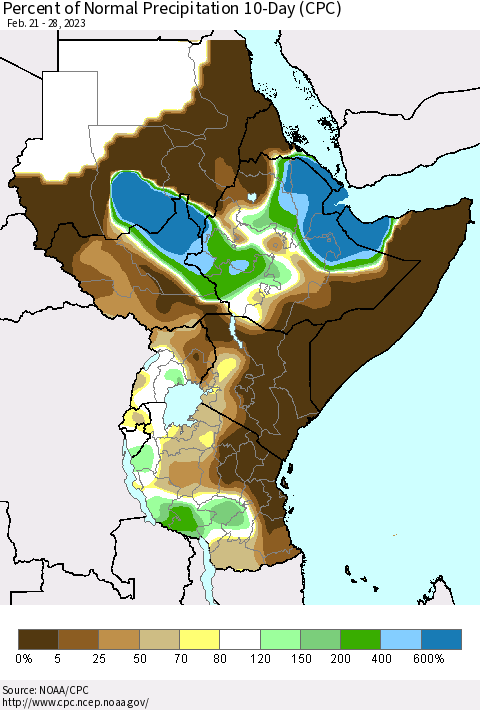 Eastern Africa Percent of Normal Precipitation 10-Day (CPC) Thematic Map For 2/21/2023 - 2/28/2023