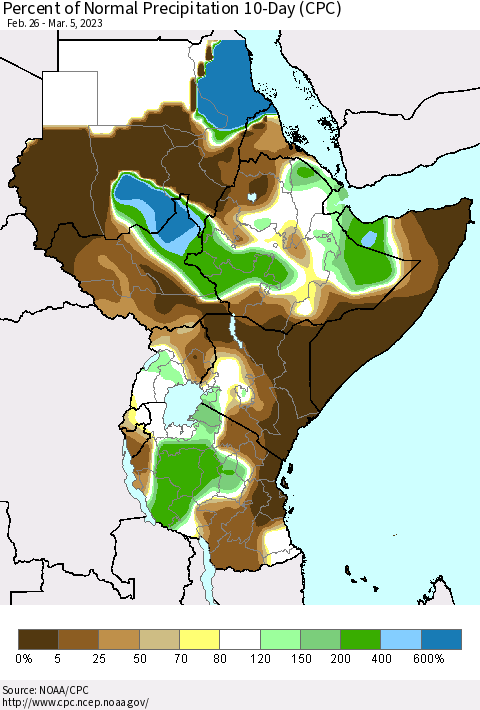 Eastern Africa Percent of Normal Precipitation 10-Day (CPC) Thematic Map For 2/26/2023 - 3/5/2023
