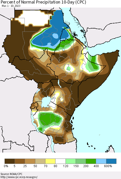 Eastern Africa Percent of Normal Precipitation 10-Day (CPC) Thematic Map For 3/1/2023 - 3/10/2023