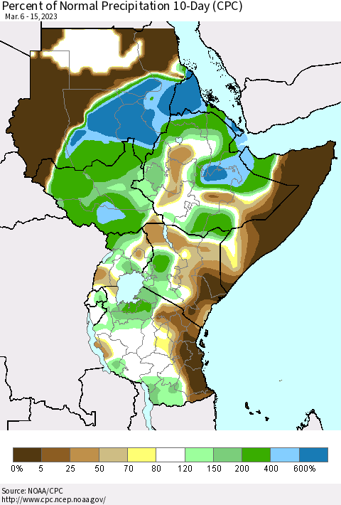 Eastern Africa Percent of Normal Precipitation 10-Day (CPC) Thematic Map For 3/6/2023 - 3/15/2023