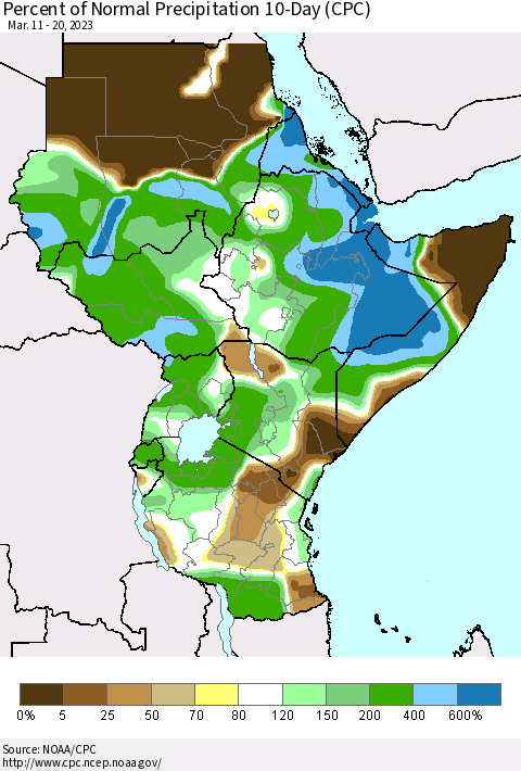 Eastern Africa Percent of Normal Precipitation 10-Day (CPC) Thematic Map For 3/11/2023 - 3/20/2023