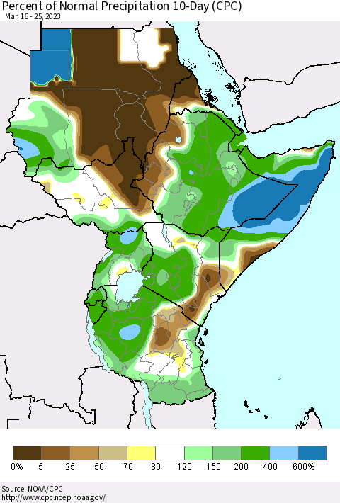 Eastern Africa Percent of Normal Precipitation 10-Day (CPC) Thematic Map For 3/16/2023 - 3/25/2023