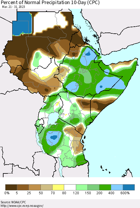 Eastern Africa Percent of Normal Precipitation 10-Day (CPC) Thematic Map For 3/21/2023 - 3/31/2023