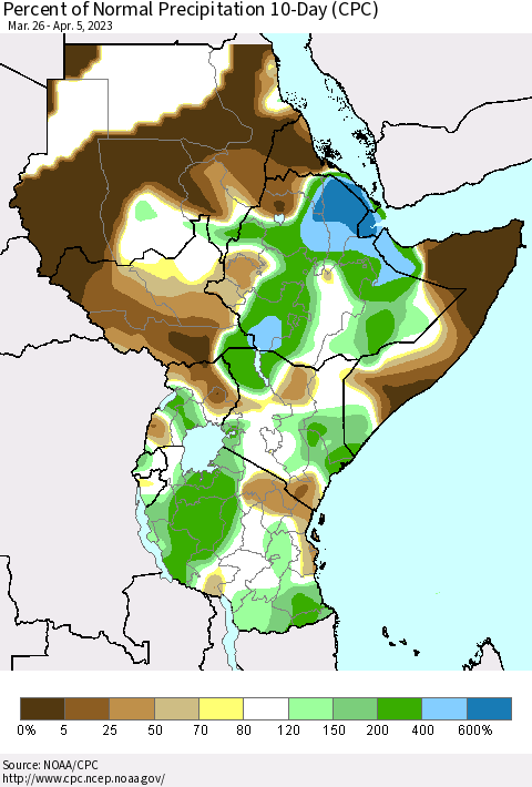 Eastern Africa Percent of Normal Precipitation 10-Day (CPC) Thematic Map For 3/26/2023 - 4/5/2023