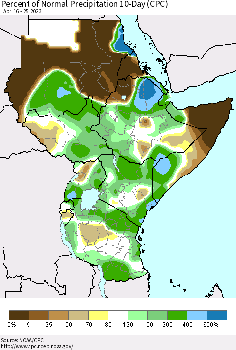 Eastern Africa Percent of Normal Precipitation 10-Day (CPC) Thematic Map For 4/16/2023 - 4/25/2023