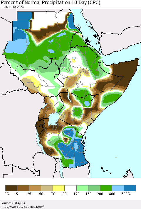 Eastern Africa Percent of Normal Precipitation 10-Day (CPC) Thematic Map For 6/1/2023 - 6/10/2023