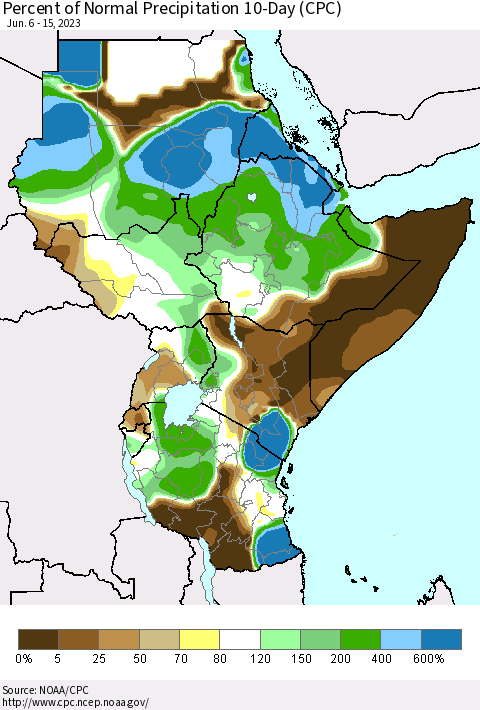 Eastern Africa Percent of Normal Precipitation 10-Day (CPC) Thematic Map For 6/6/2023 - 6/15/2023